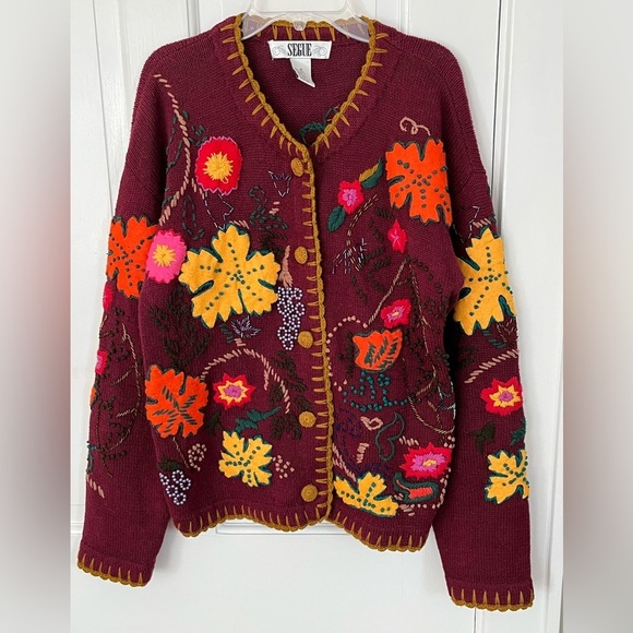Segue Fall Cardigan Women’s M Embroidered Felt Leaves Beading Ramie Cotton Blend - Picture 1 of 12